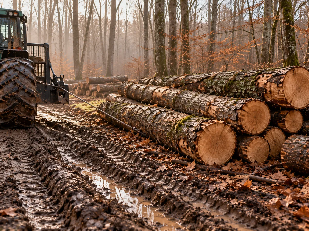 Débardage de grumes de chêne en forêt de Bresse par la scierie Gonod-Morel
