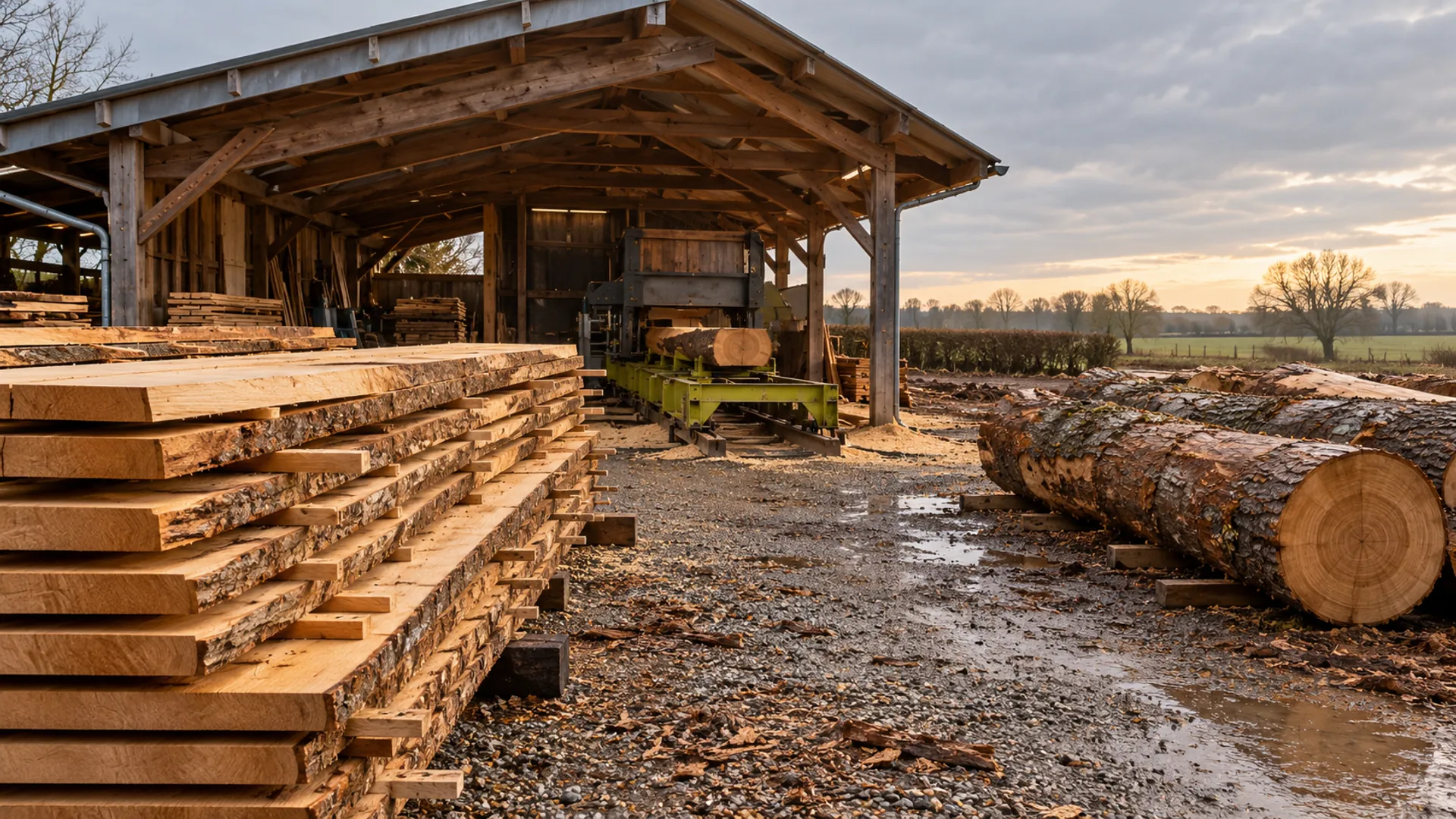 Plateaux de chêne fraîchement débités sur le parc de la scierie Gonod-Morel à Bâgé-Dommartin