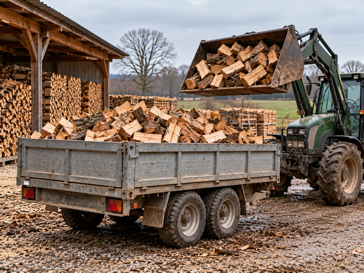 Chargement de bois de chauffage sur une remorque au parc de la scierie Gonod-Morel
