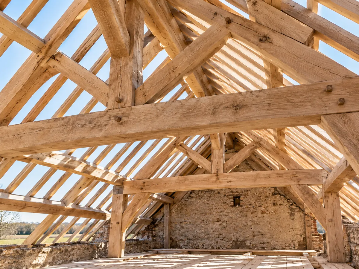 Charpente traditionnelle en chêne montée sur une ferme bressane
