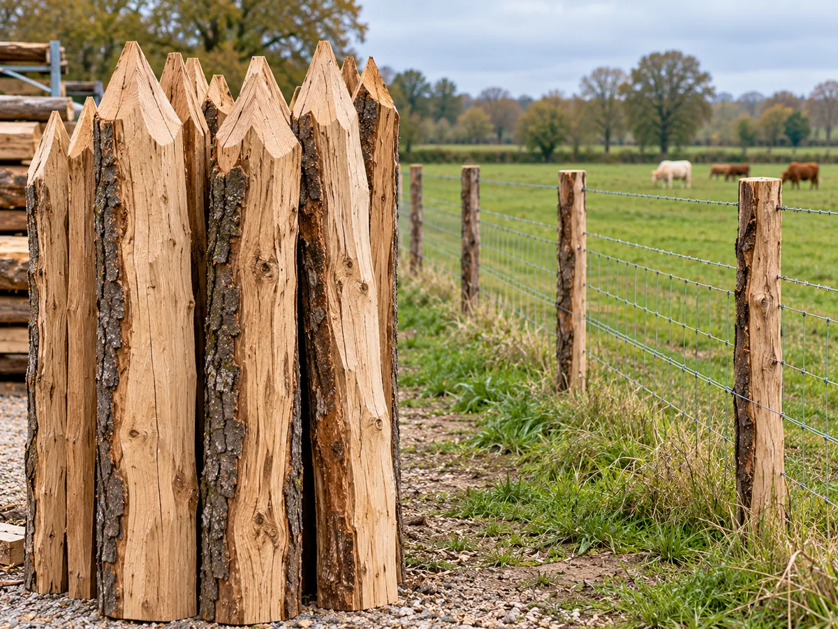 Piquets de chêne refendus pour une clôture agricole en Bresse