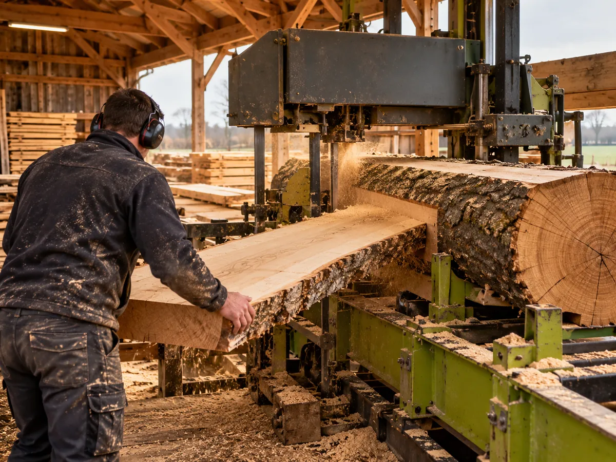 Scieur guidant un plateau de chêne sur la scie à ruban de l'atelier Gonod-Morel